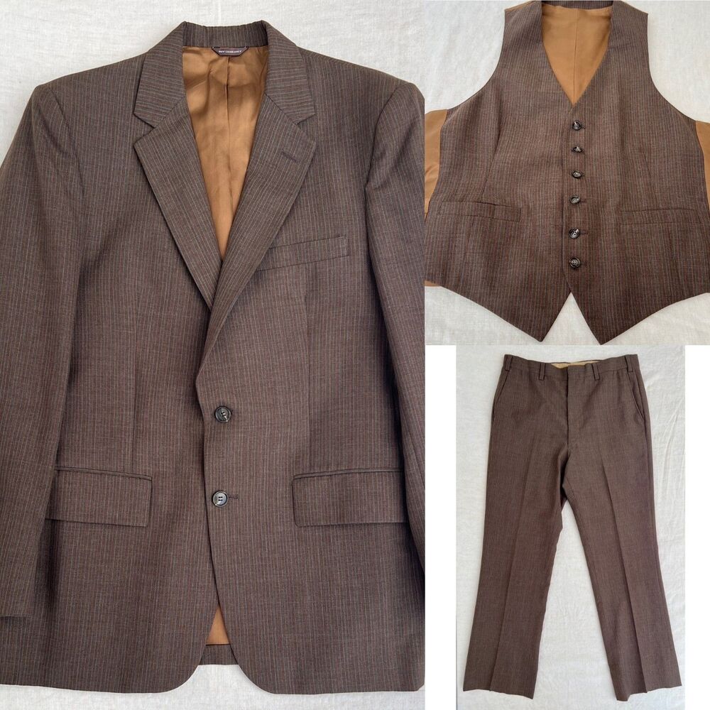 VTG 60s Botany 500 3-Piece Chocolate Brown Pinstripe Mid-Weight Suit 40R Medium